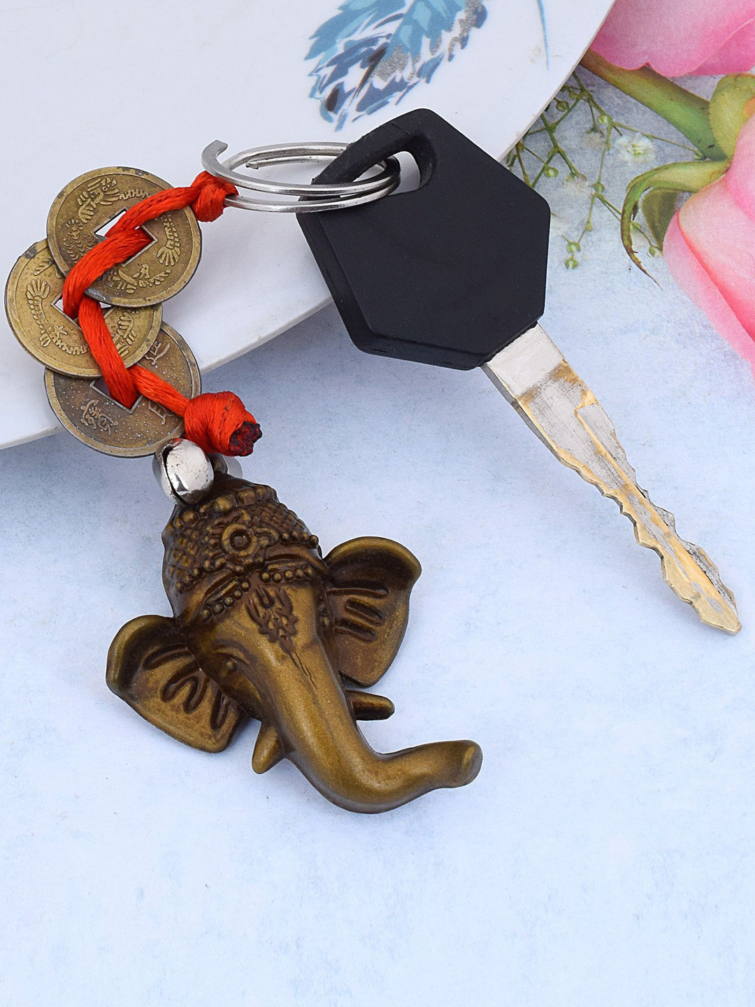 MEMOIR Unisex Textured Acrylic Fengshui Coins & Ganesh Key Chain