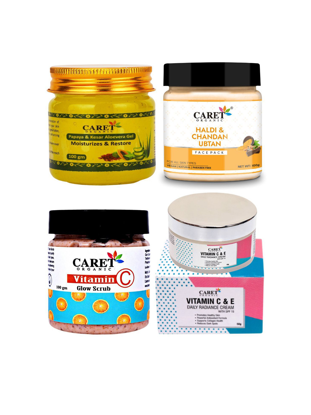 CARET ORGANIC Set Of 4 Aloevera Gel + Haldi Chandan Ubtan + Vit C Scrub + Vit C E Cream