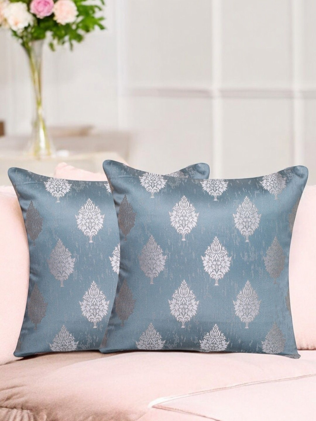 Vendola Grey 2 Pieces Ethnic Woven Design Jacquard  Square Cushion Covers