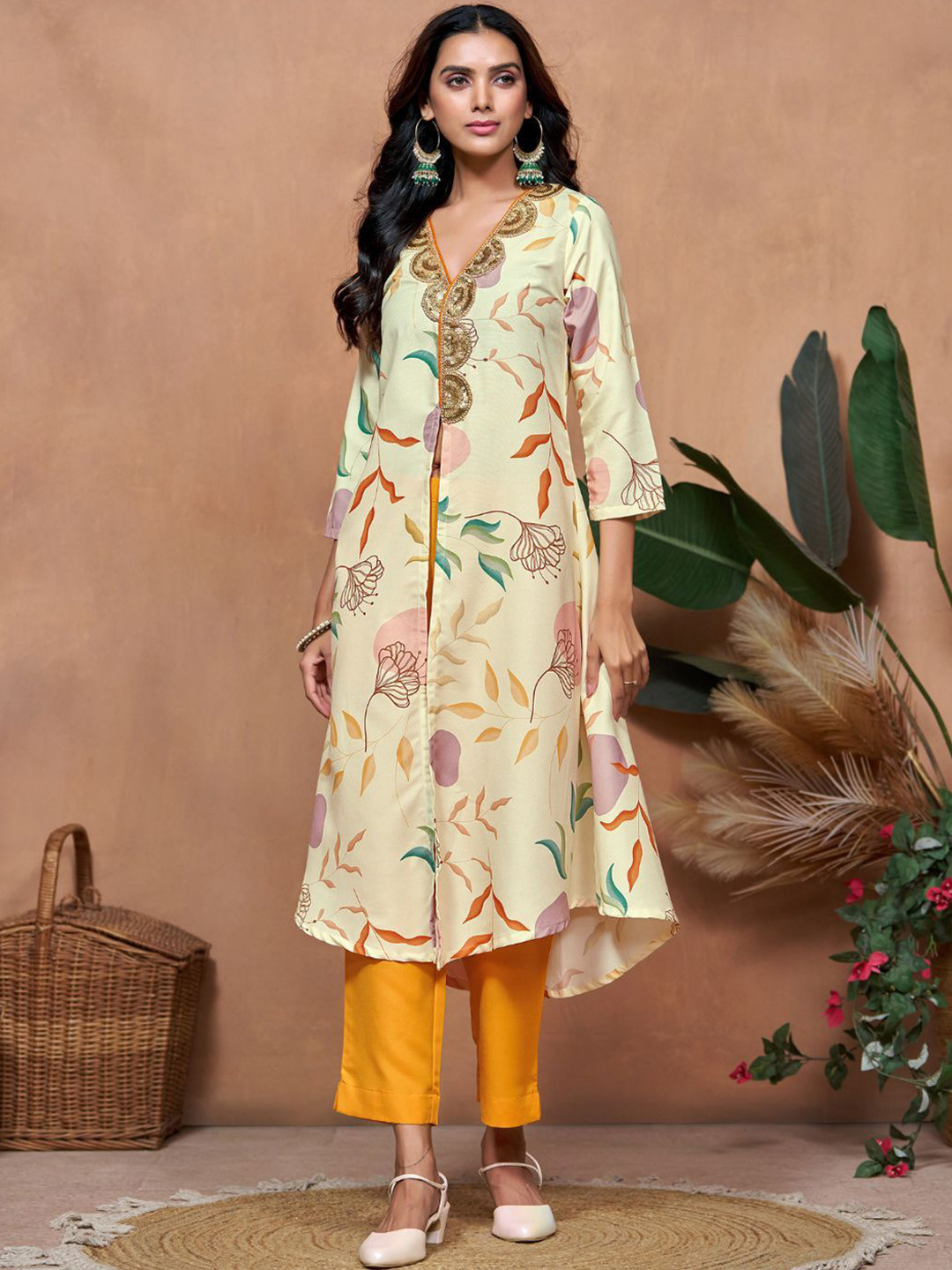 Sangria Off White Floral Printed V-Neck Three-Quarter Sleeves A-Line Kurta & Trouser