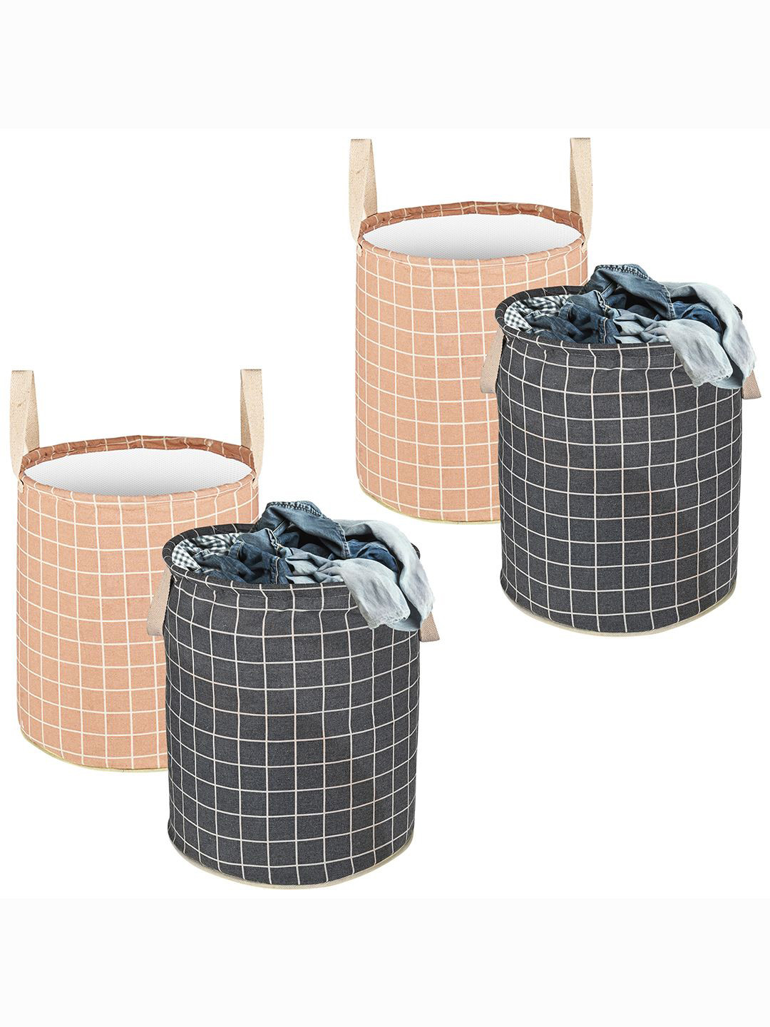 Kuber Industries Dark Grey 4 Pieces Checked Cotton Laundry Bags With Handles 60 L Each