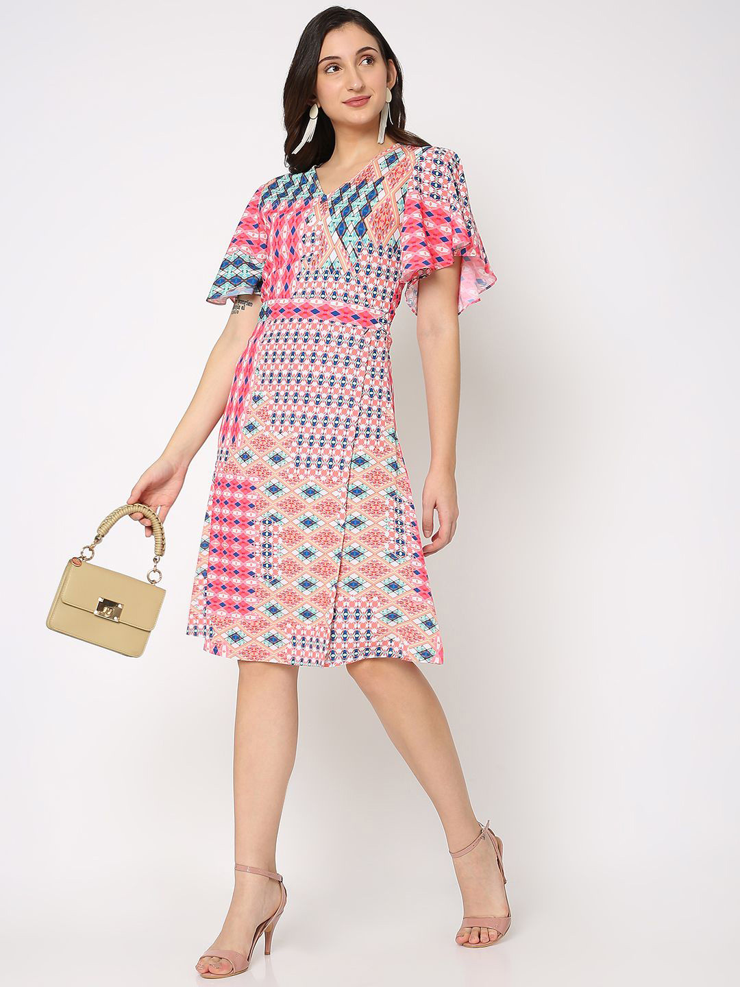 NOT SO PINK Women Print Flared Sleeve Georgette A-Line Dress