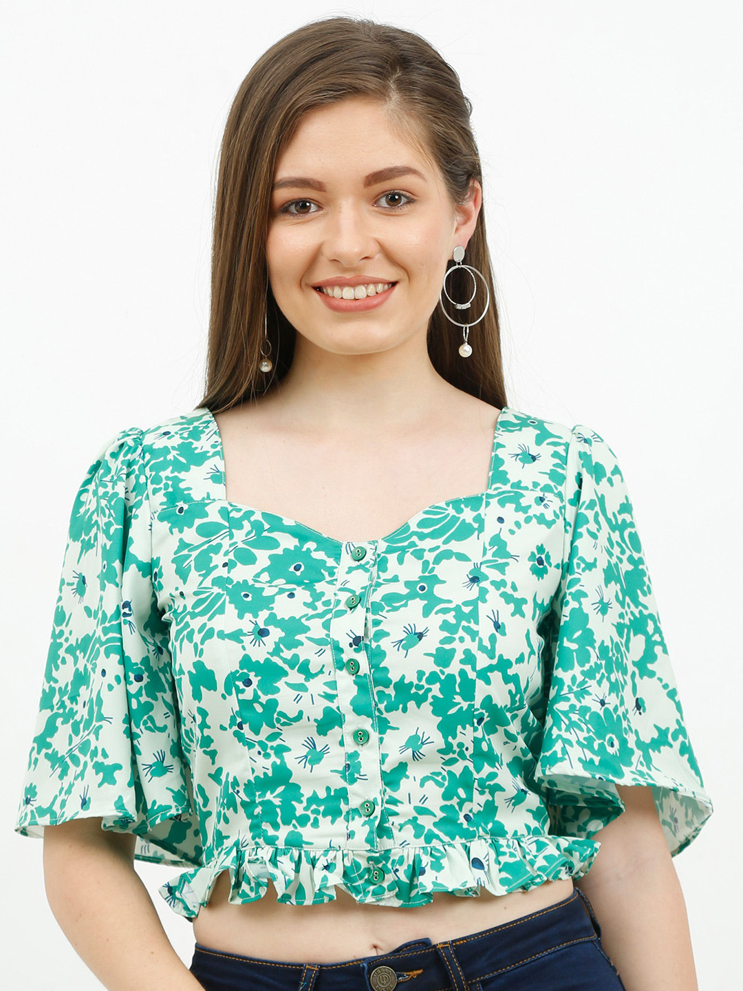 URBAN POCHE Women Floral Printed Sweetheart Neck Flared Sleeve Crop Top