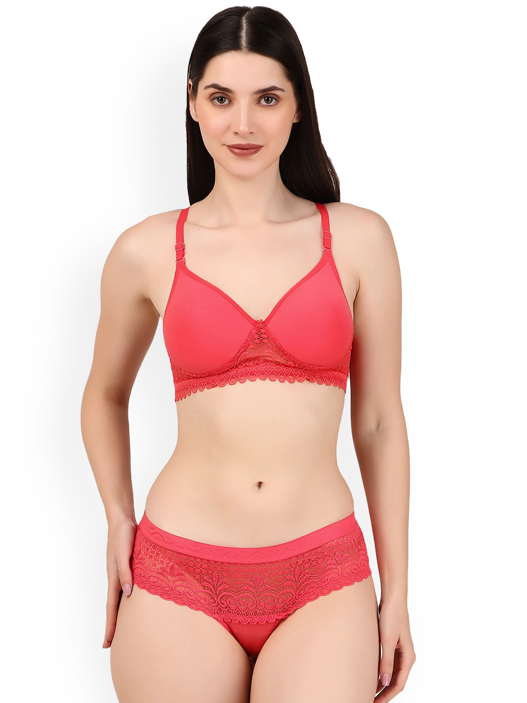 Piylu Women Lace Lightly-Padded Lingerie Set Set-Chandni-CB1-Pink-28