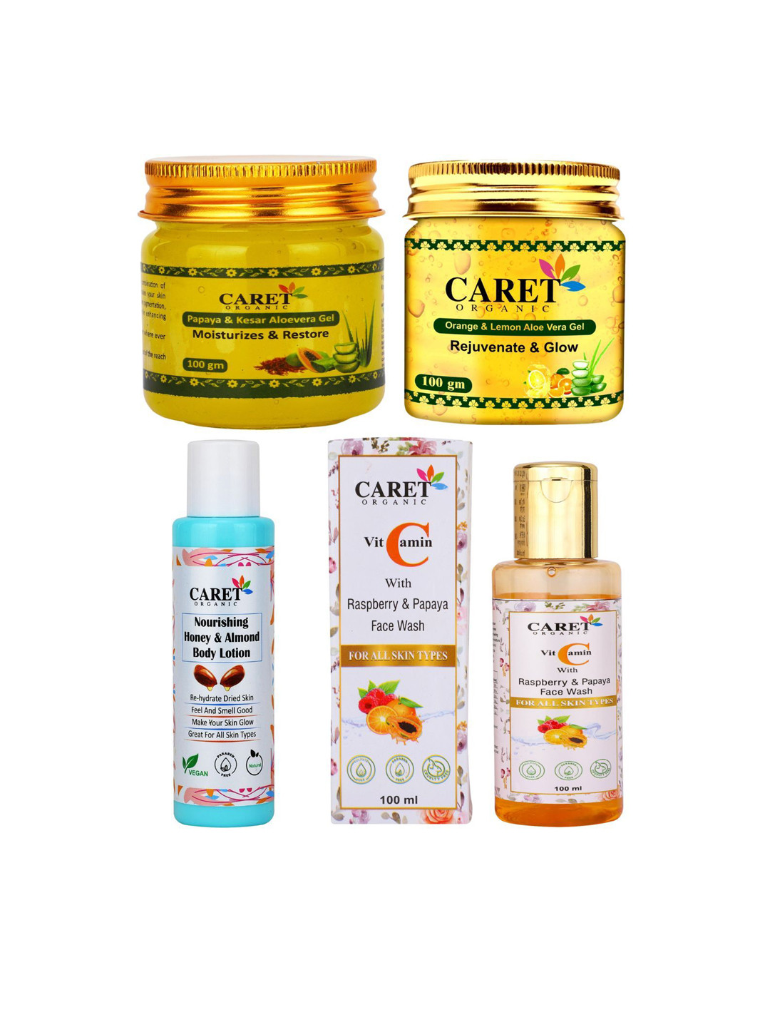 CARET ORGANIC Set Of 4 Aloevera, Orange Gel-100g Each, Face Wash & Body Lotion- 100ml Each