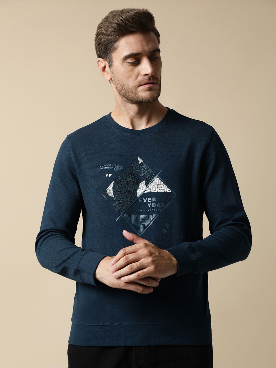 Fort Collins Men's Fleece Midnight Blue Round Neck Sweatshirt with Embossed Graphic