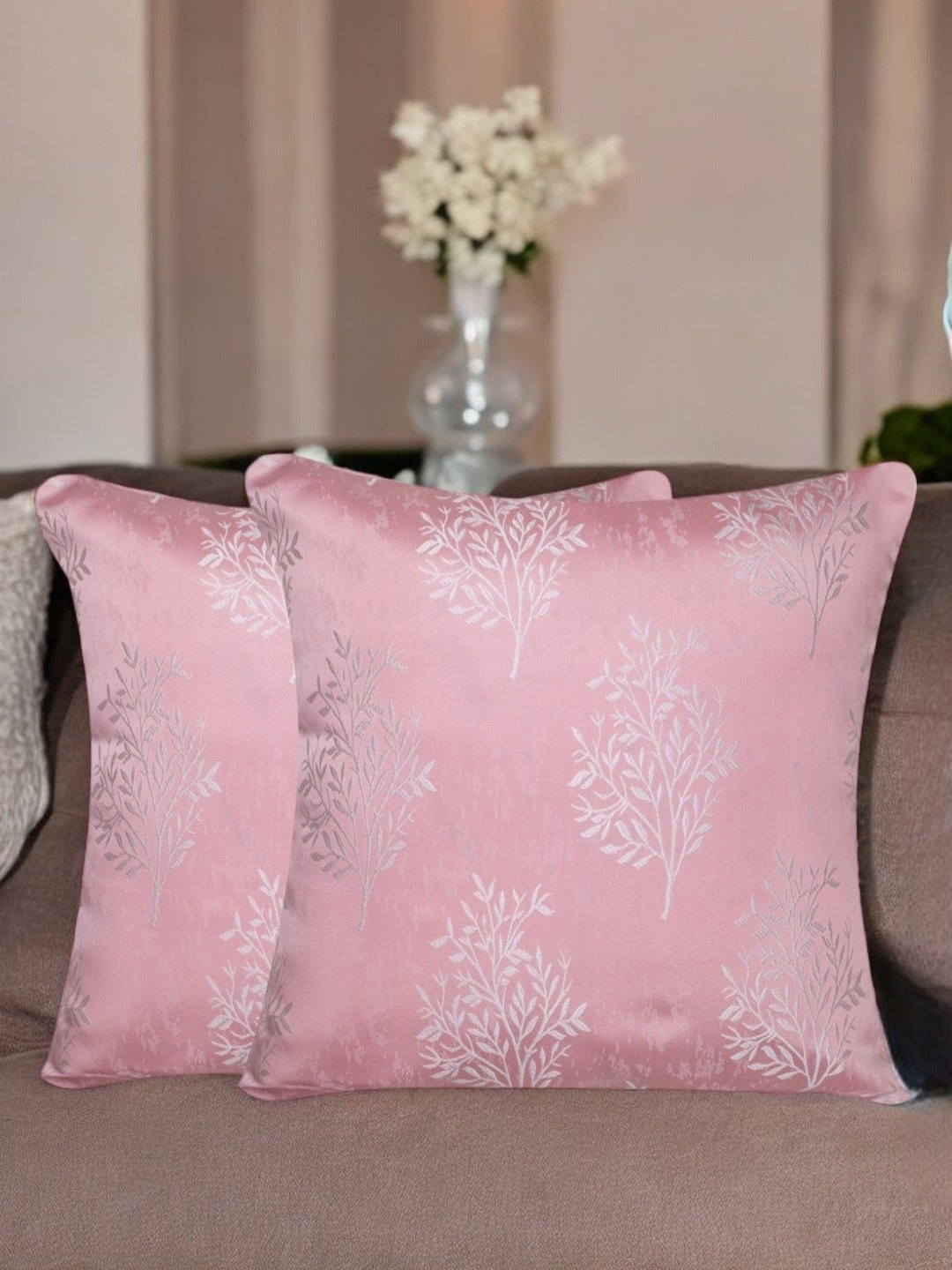 Vendola Pink Ethnic Motifs Jacquard Washable 2 Piece Square Cushion Covers -16x16In