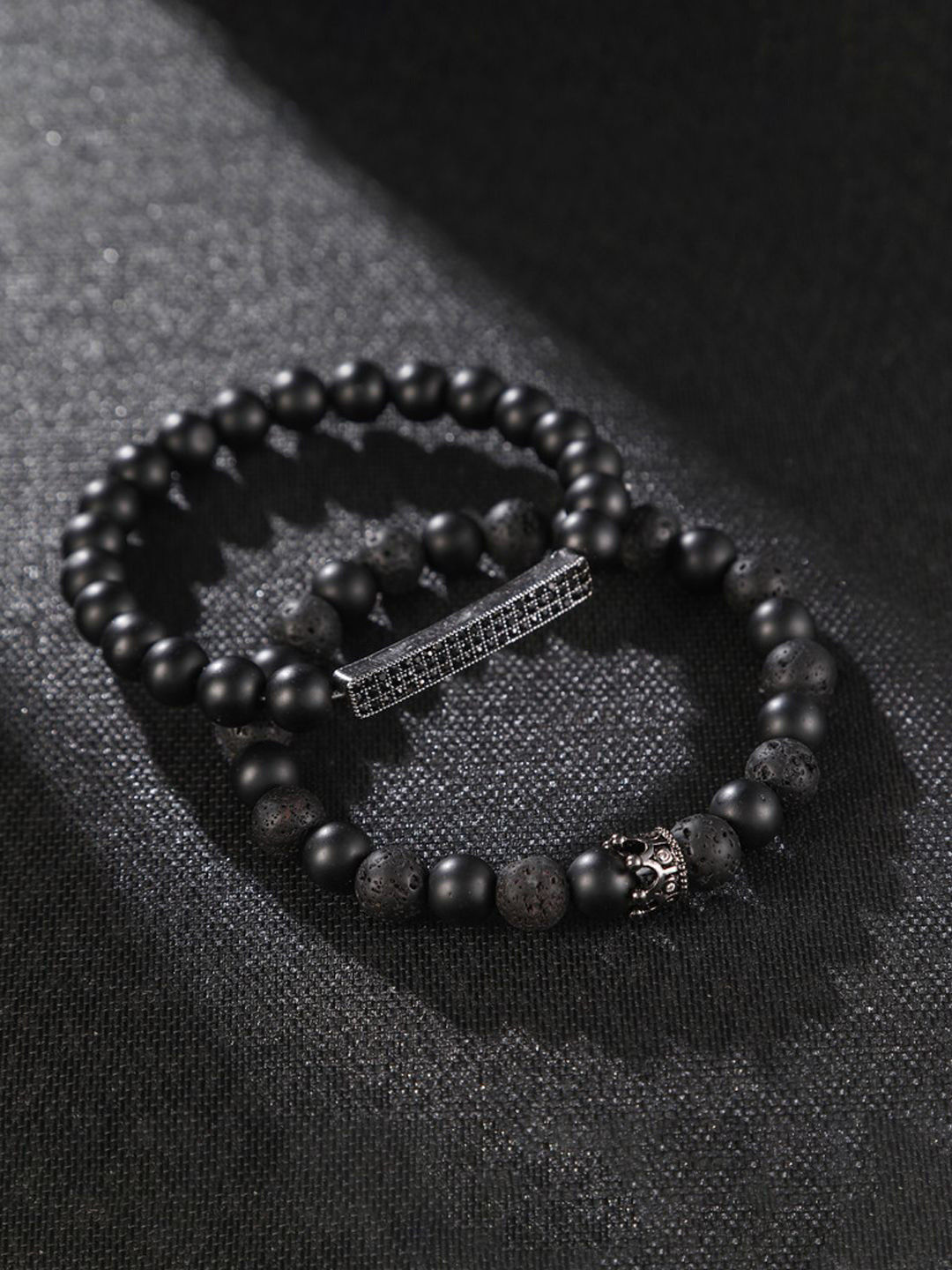 Jewels Galaxy Men Set Of 2 Silver-Plated Beaded Elasticated Bracelets