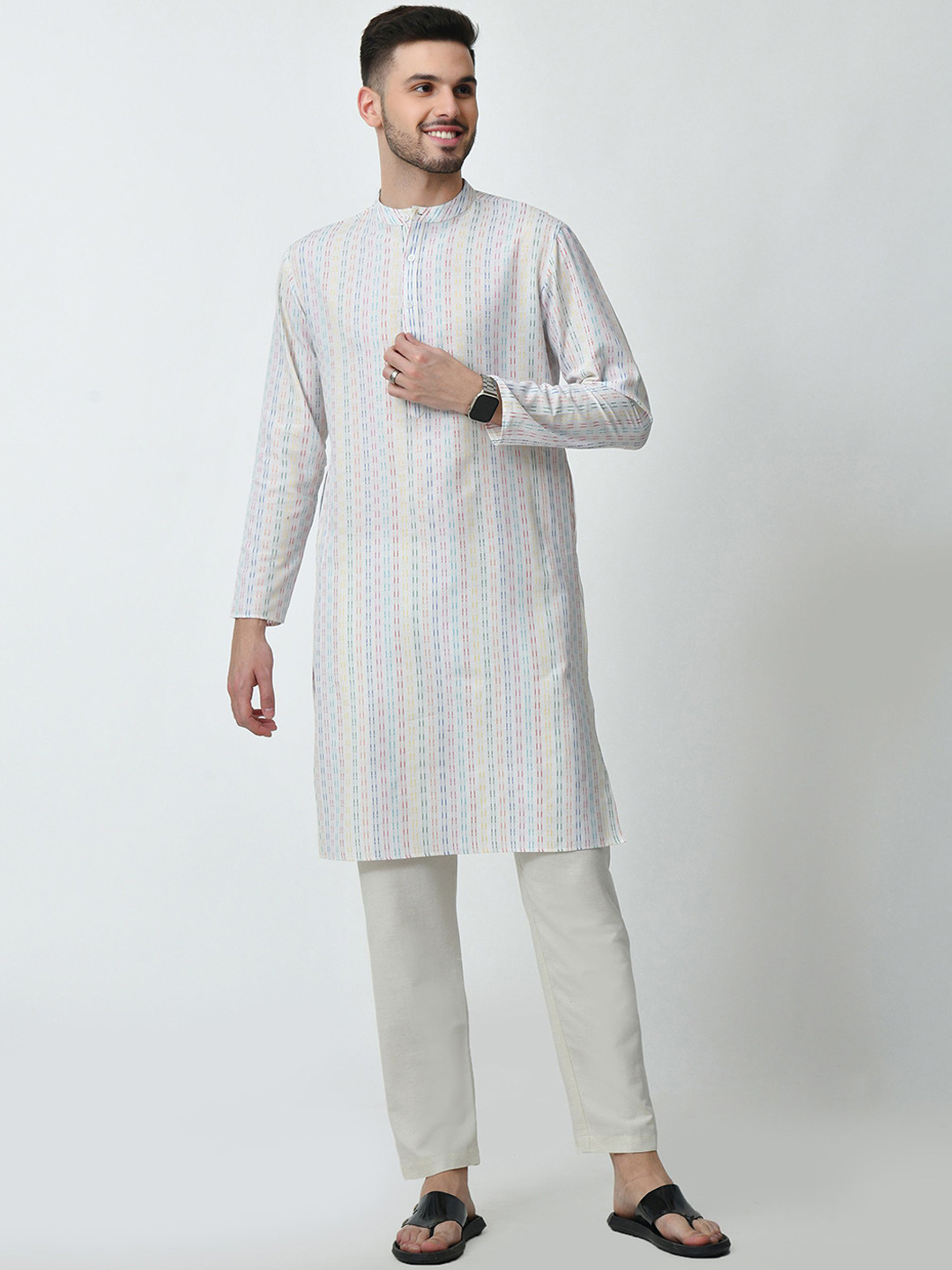 AMBI Striped Woven Design Band Collar Long Sleeves Regular Straight Kurta