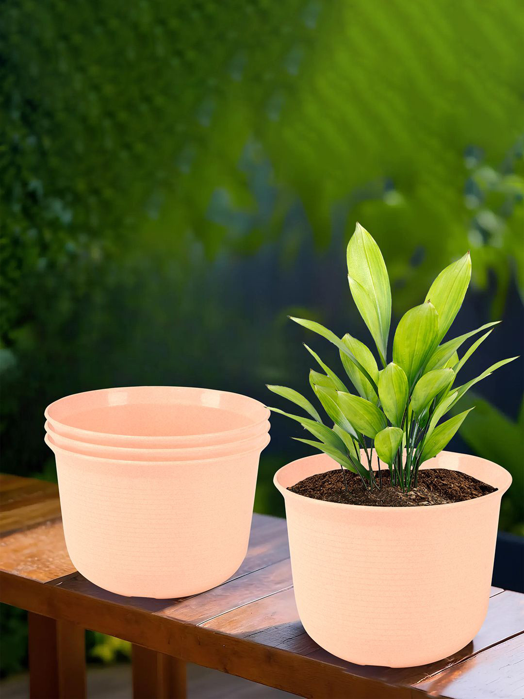 Kuber Industries Peach 4 Pieces Textured Flower Pots With Plates