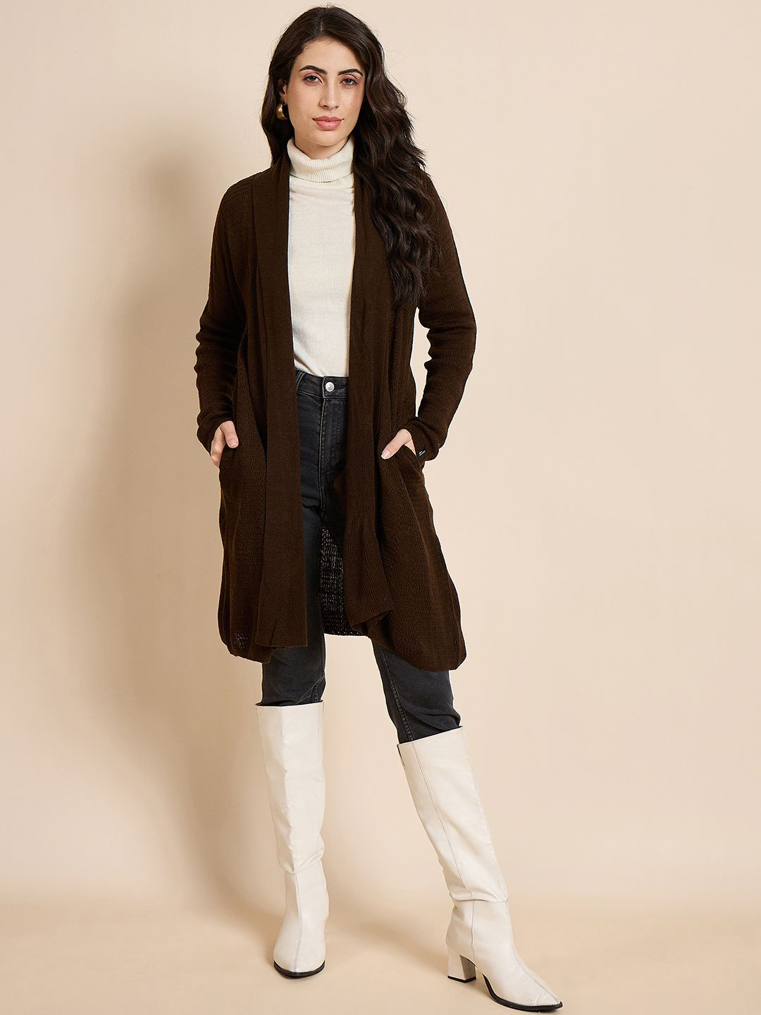 CREATIVE LINE Self Design Shawl Collar Longline Woollen Open Front Shrug