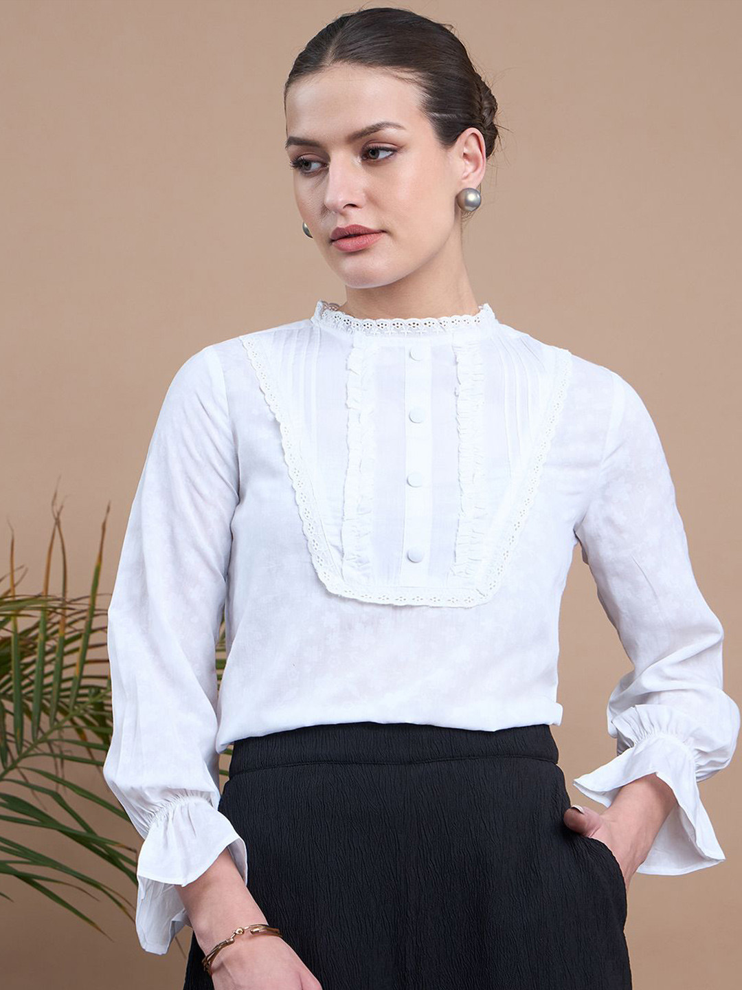 Noi Women Self Design High Neck Cuffed Sleeve Top