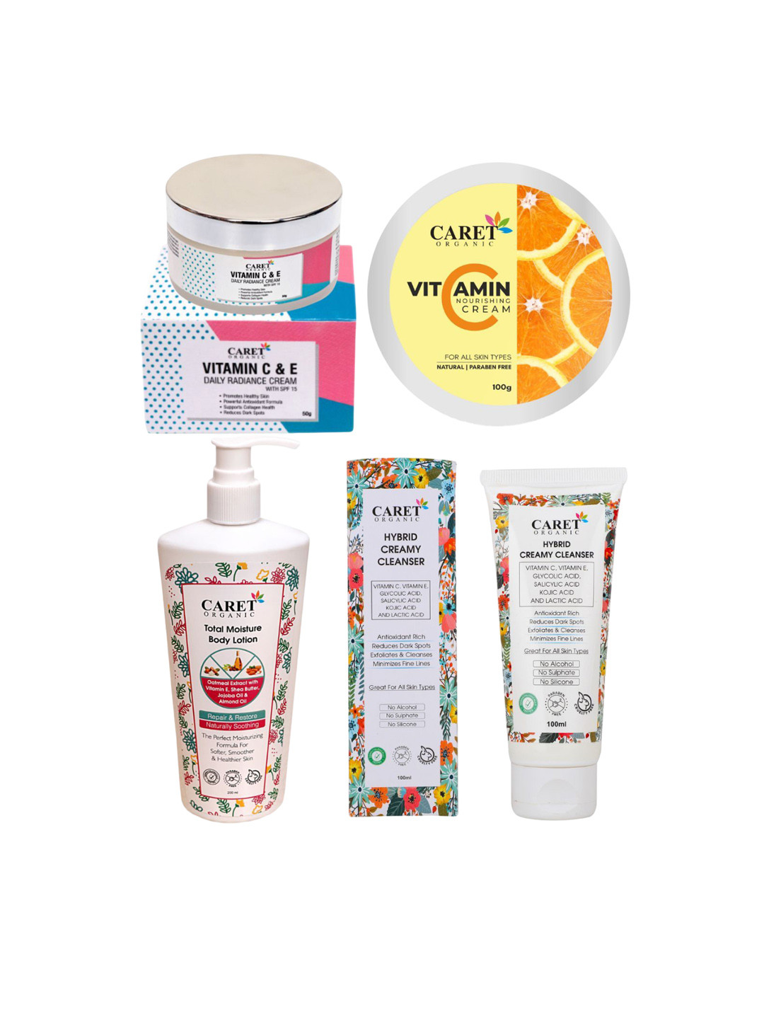 CARET ORGANIC 4Pcs Vit C E Daily Cream + Creamy Cleanser + Body Lotion + Vitamin C Cream