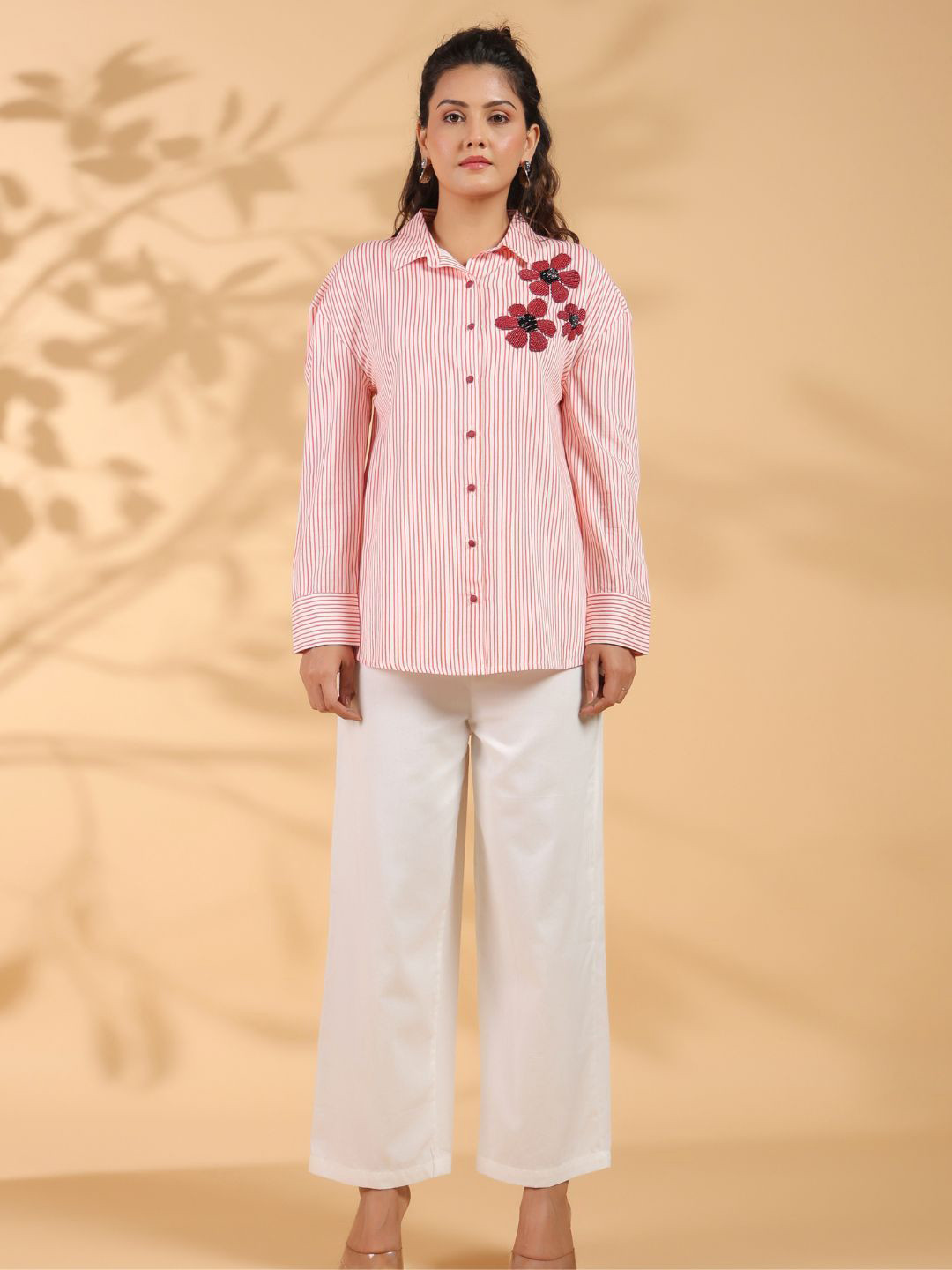 Zolo Label Women Striped Printed Floral Studded Cotton Shirt Style Top