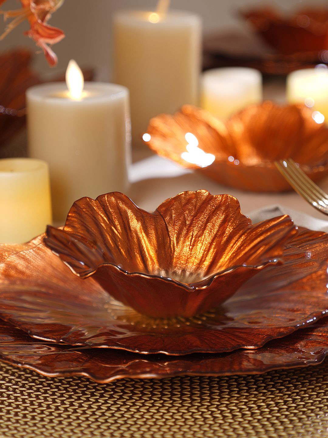 Pure Home and Living Orange & Gold Toned 2 Pieces Floral Shaped Glass Serving Bowls