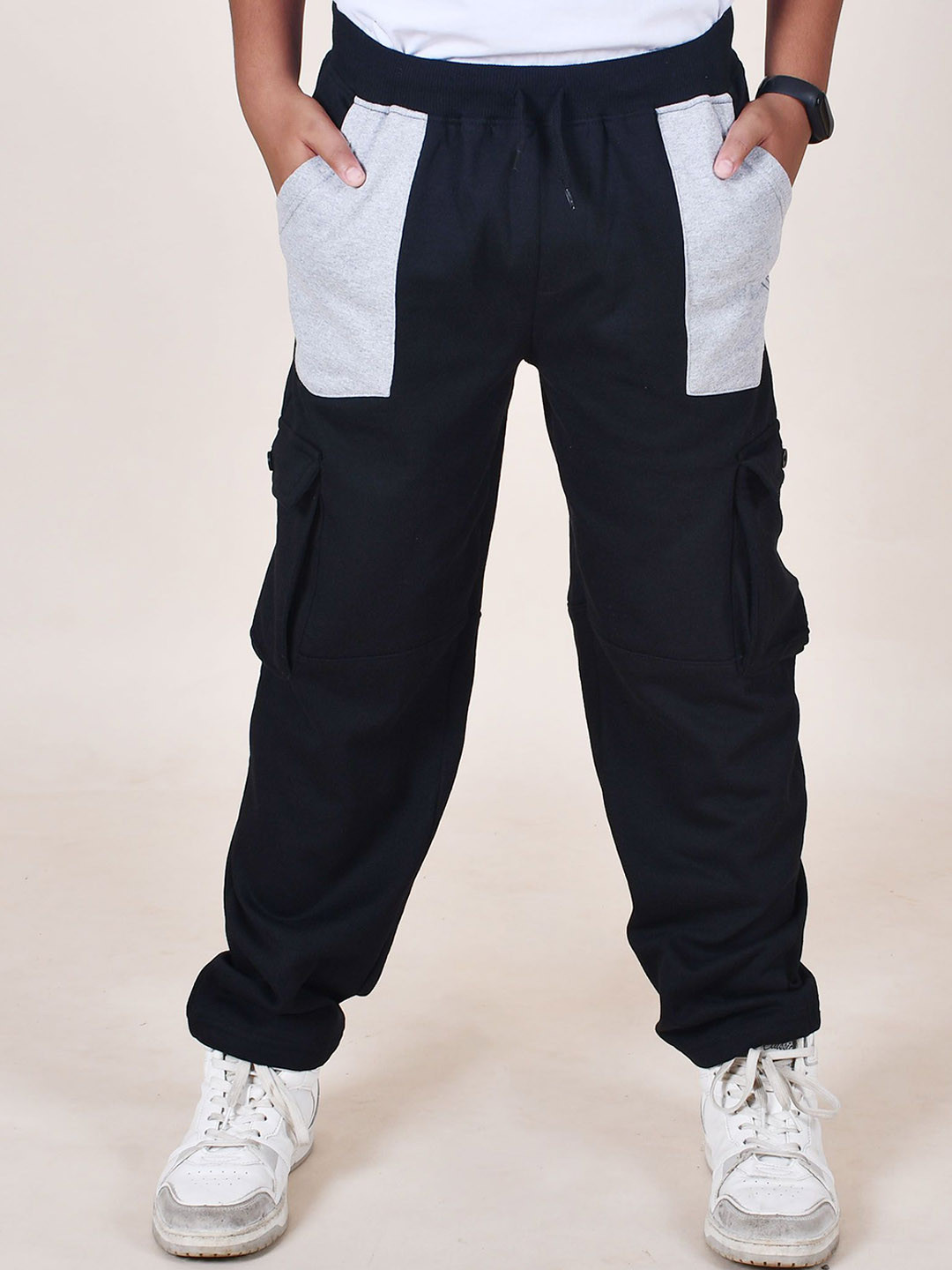 KiddoPanti Boys Colourblocked Mid Rise Cargo Track Pants
