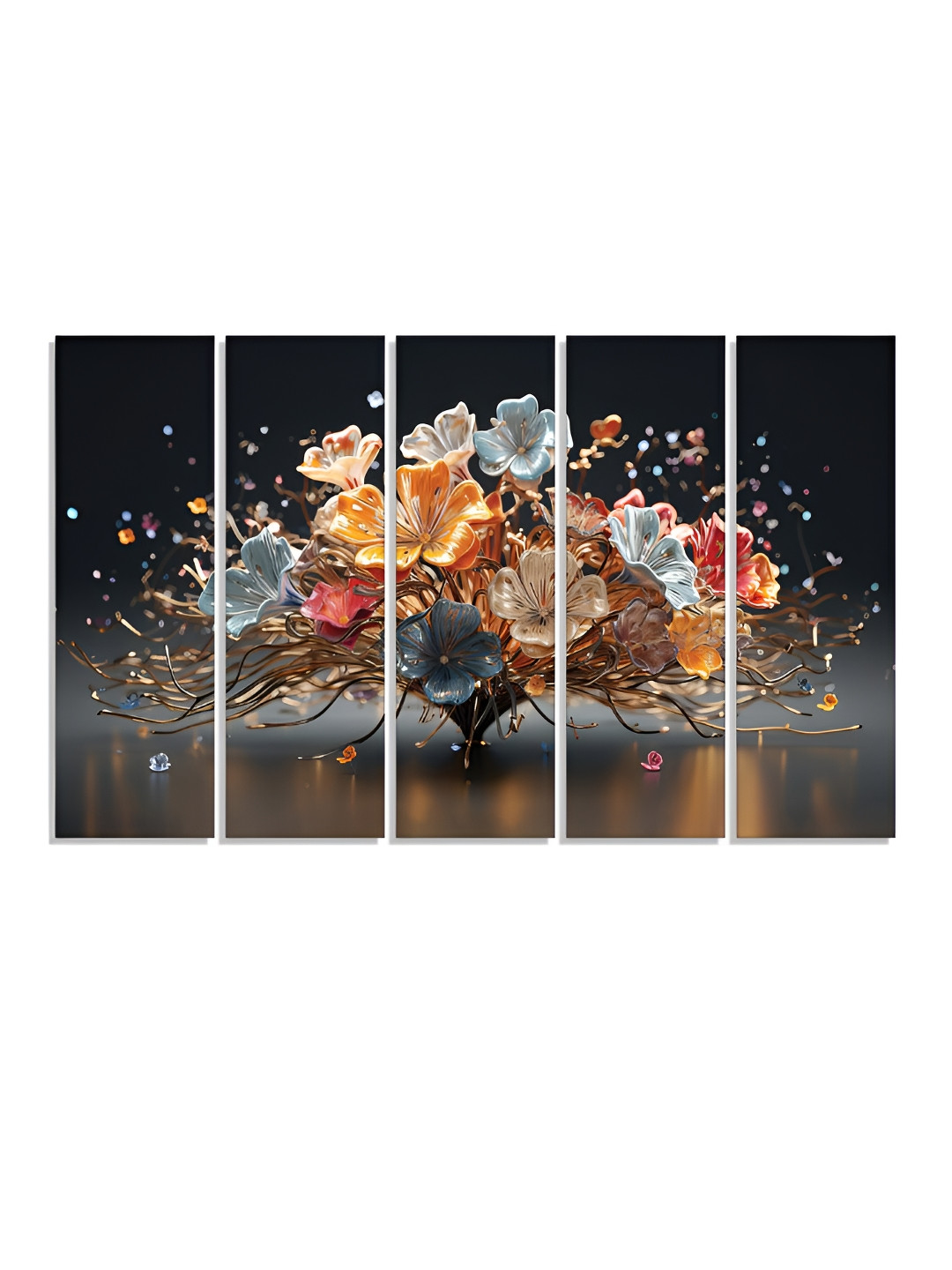 RANDOM Vinyl Black & Orange 5 Piece Floral Printed Canvas Wall Paintings