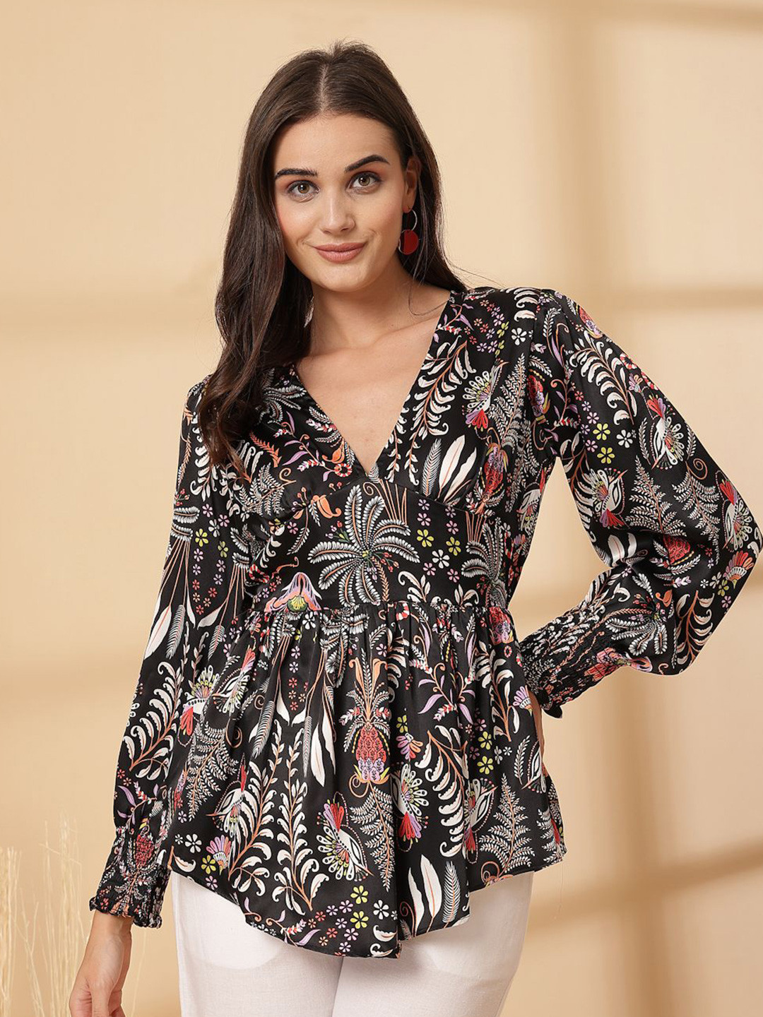 plusS Women Floral Printed V-Neck Long Sleeves High-Low Top