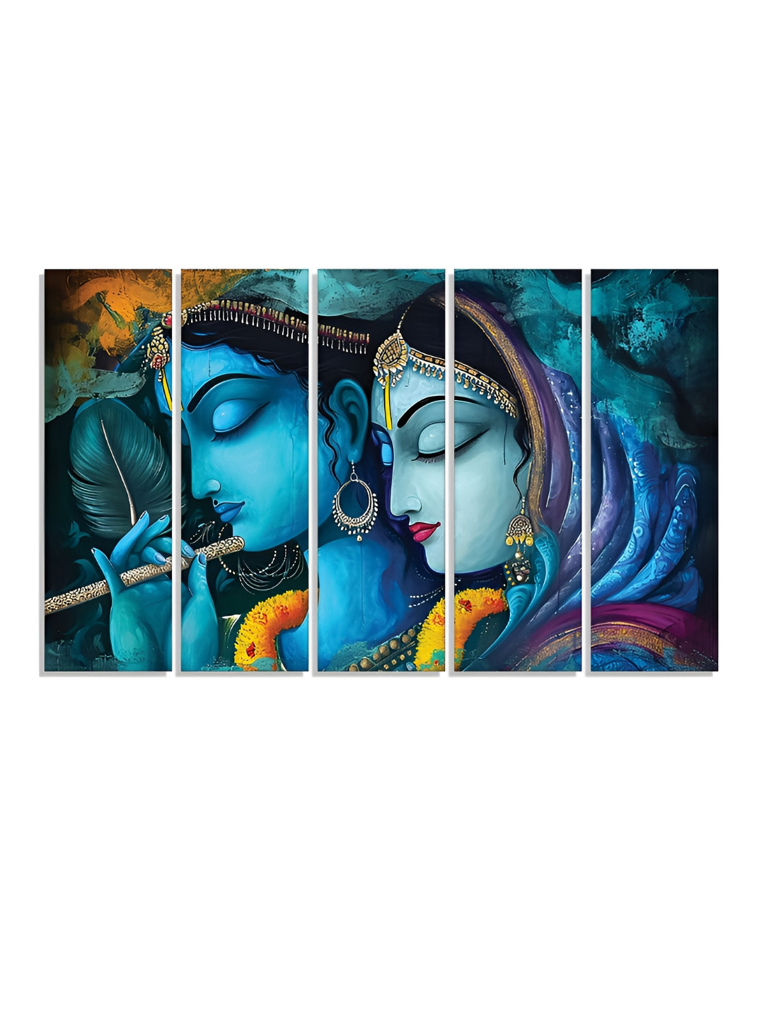RANDOM Vinyl Blue & Yellow 5 Piece Radha Krishna Religious Canvas Wall Paintings