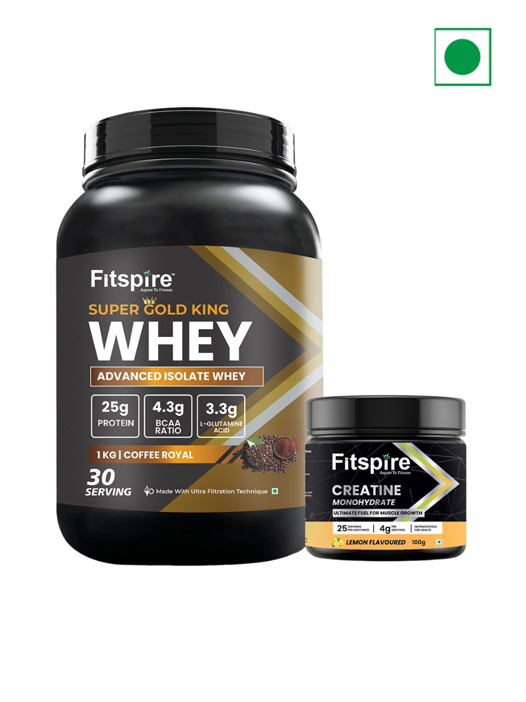 FITSPIRE Super Gold Whey Protein - 1 Kg - Coffee Royal With Creatine Monohydrate - 100 g