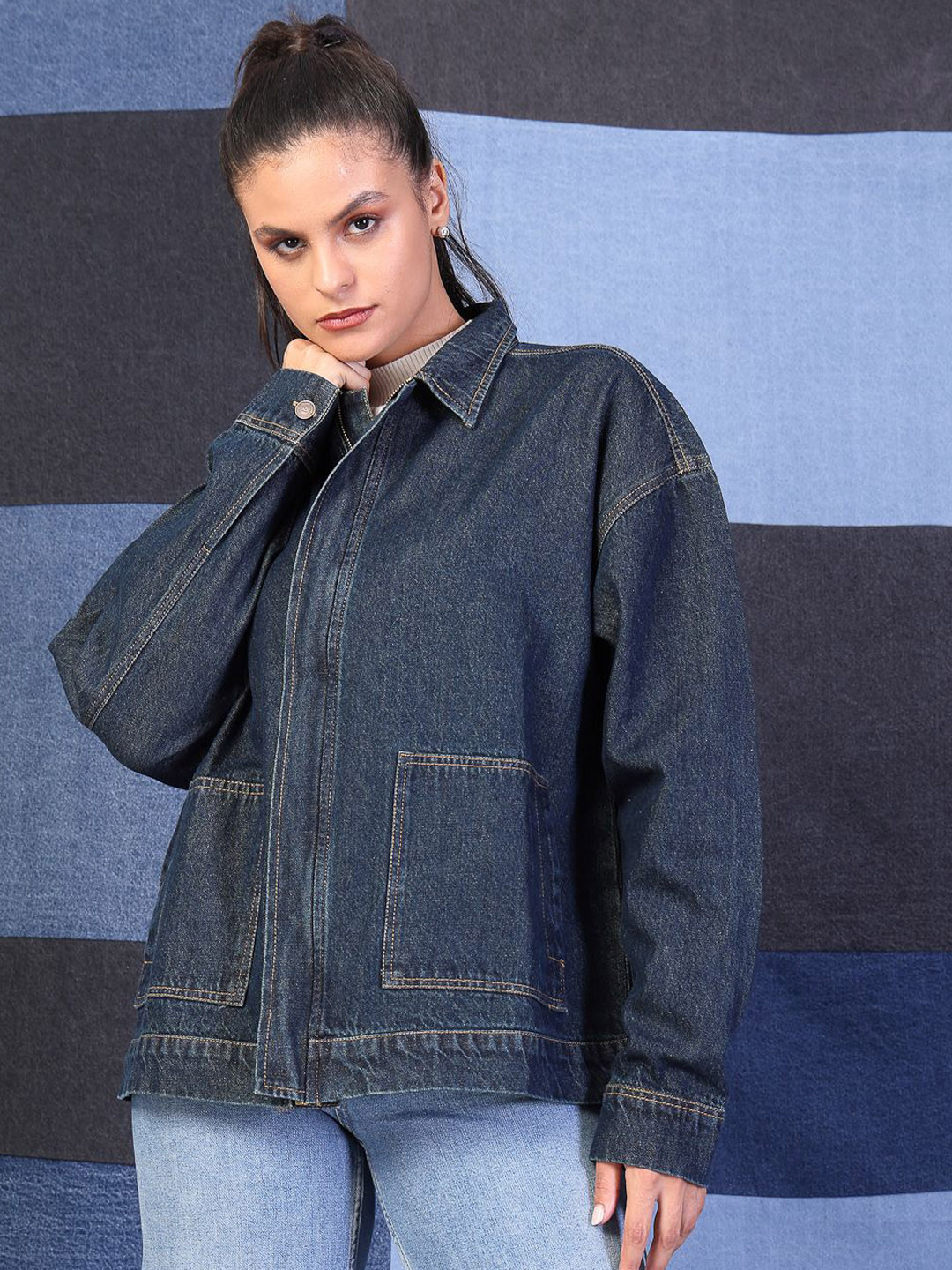VESTIDO MODAS Women Spread Collar Solid Oversized Denim Jacket
