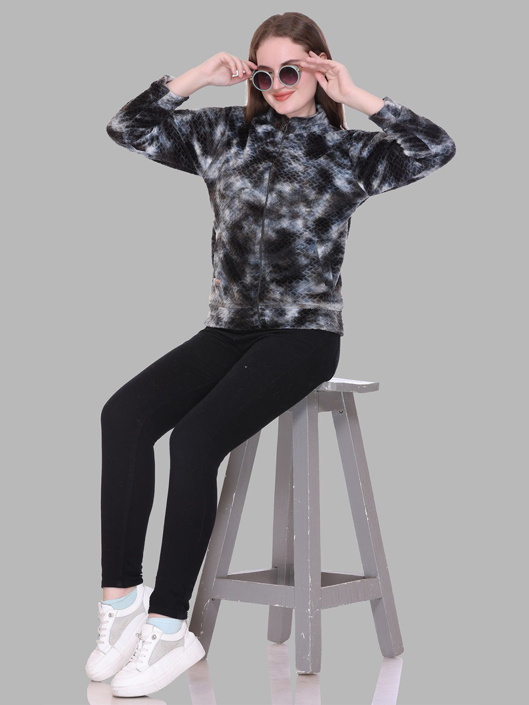 Pink Marie Women Self Design Round Neck Fur Zipper Sweatshirt