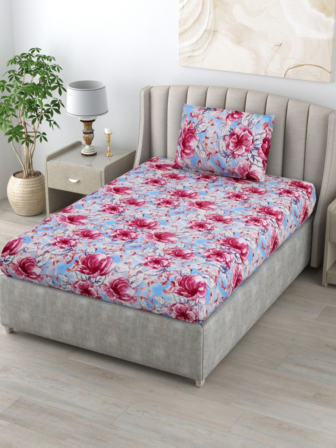 BOMBAY DYEING Maroon Floral Cotton 104 TC Single Coarse Bedsheet with a Pillow Cover-55 x 88 inches