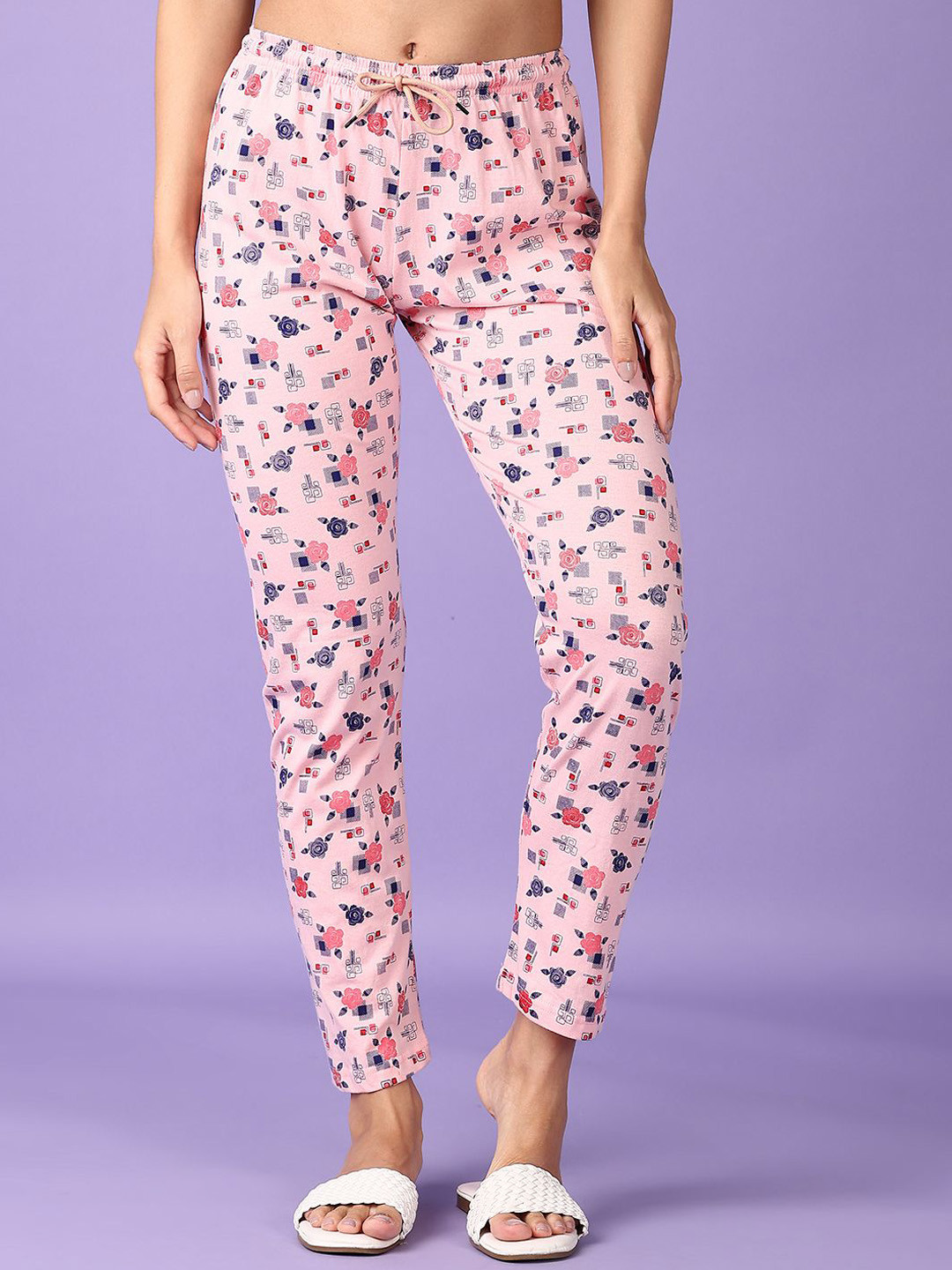 V-Mart Women Printed Mid-Rise Cotton Regular Drawstring Closure Trousers