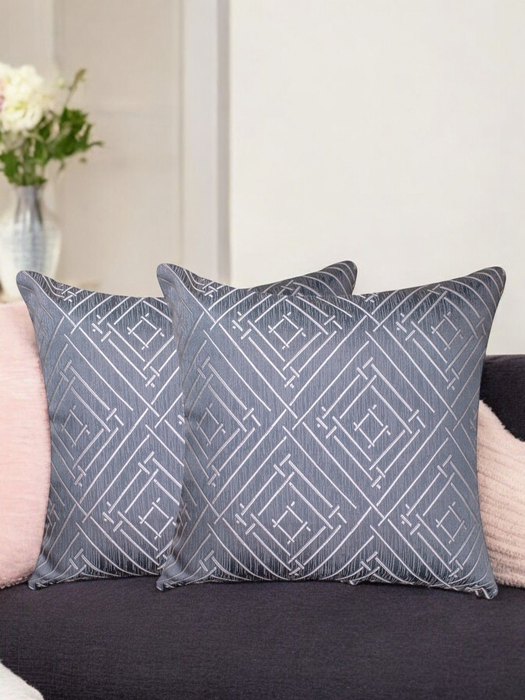 Vendola Grey 2 Pieces Self Design Square Cushion Covers