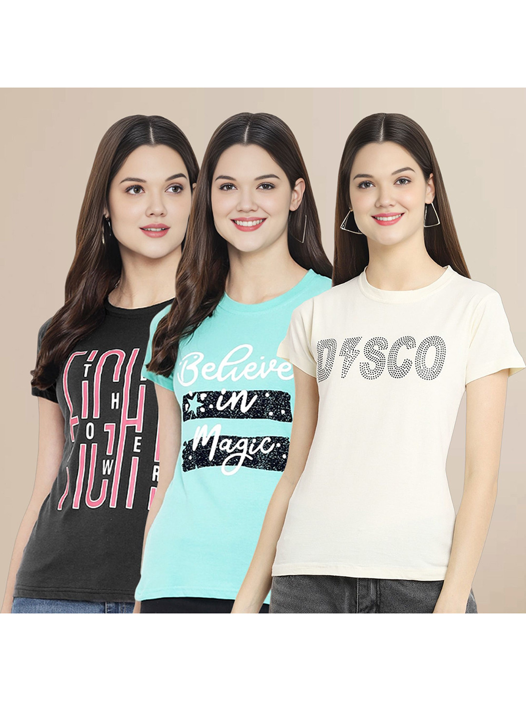 Metronaut Women Pack Of 3 Typography Printed Round Neck Cotton T-shirts