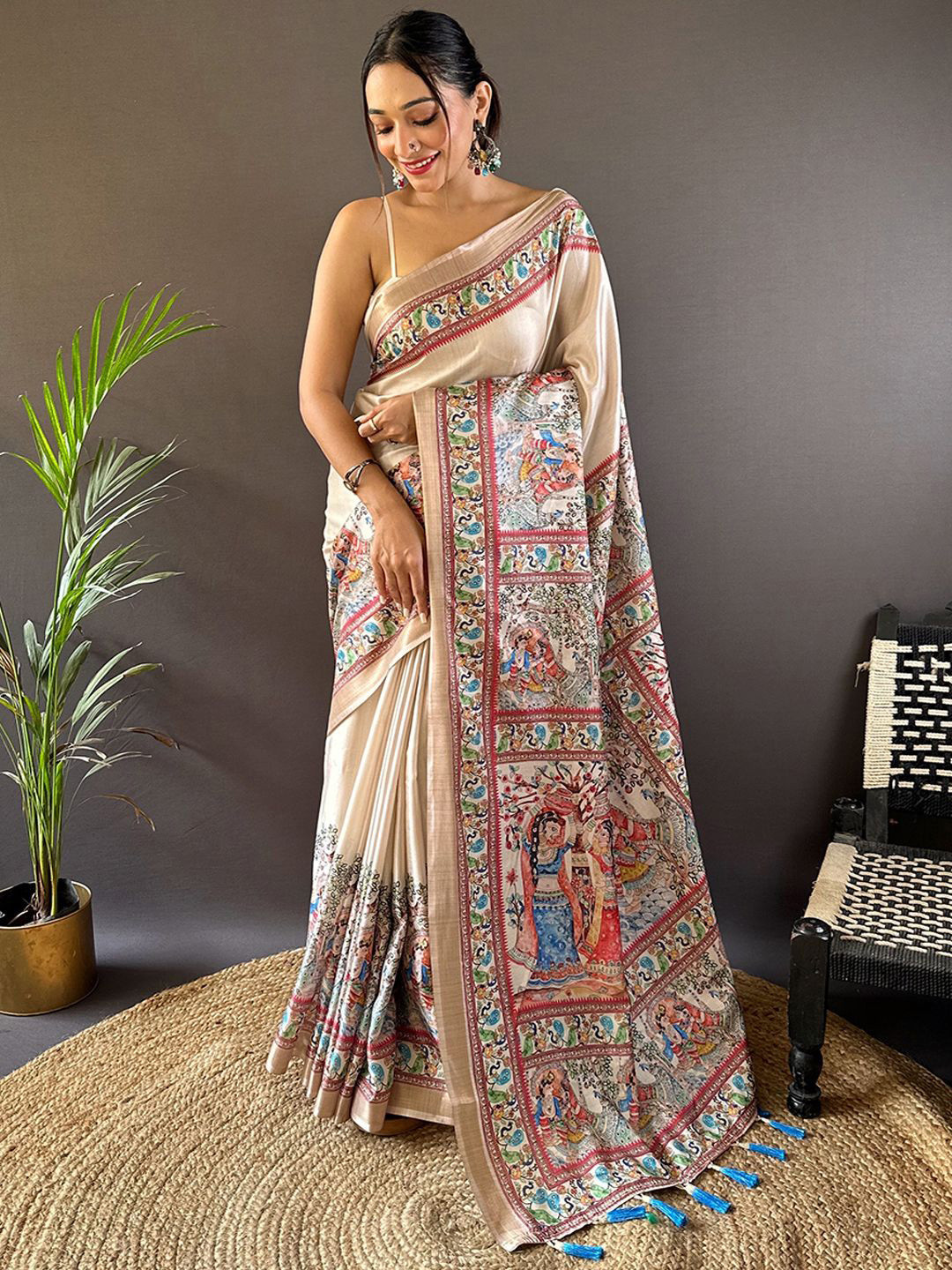 Mitera Ethnic Motifs Printed Tussar Saree With Blouse Piece