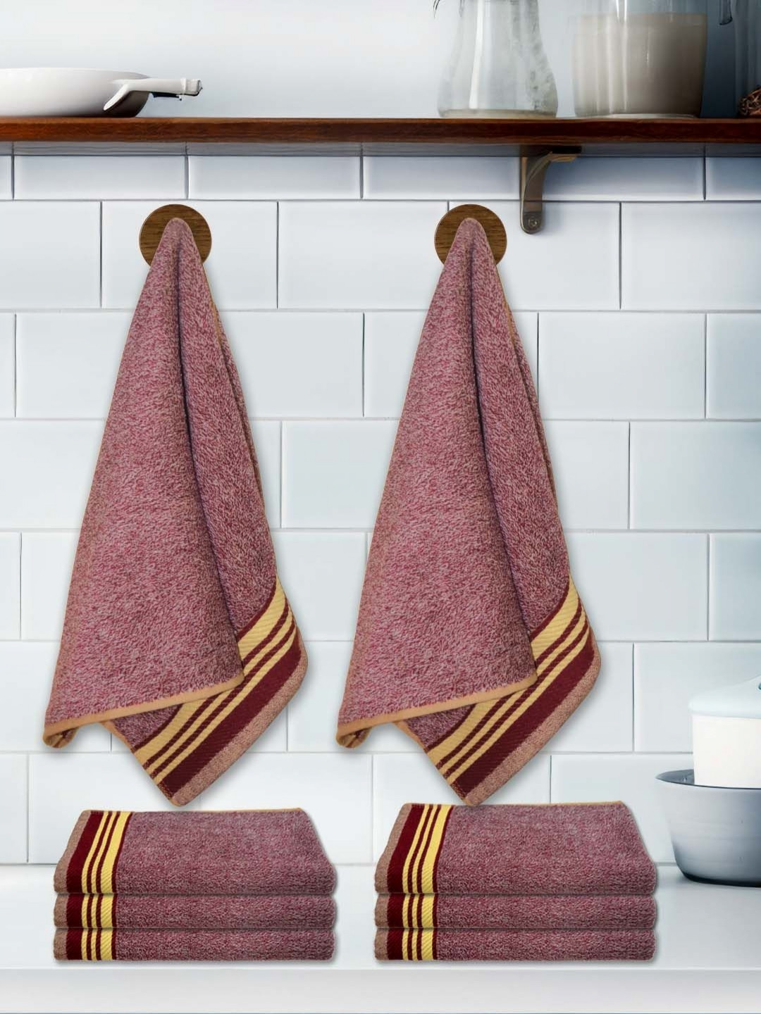 Athom Living Milange Brown & Beige 8 Pieces Printed110 GSM Cotton Hand Towels