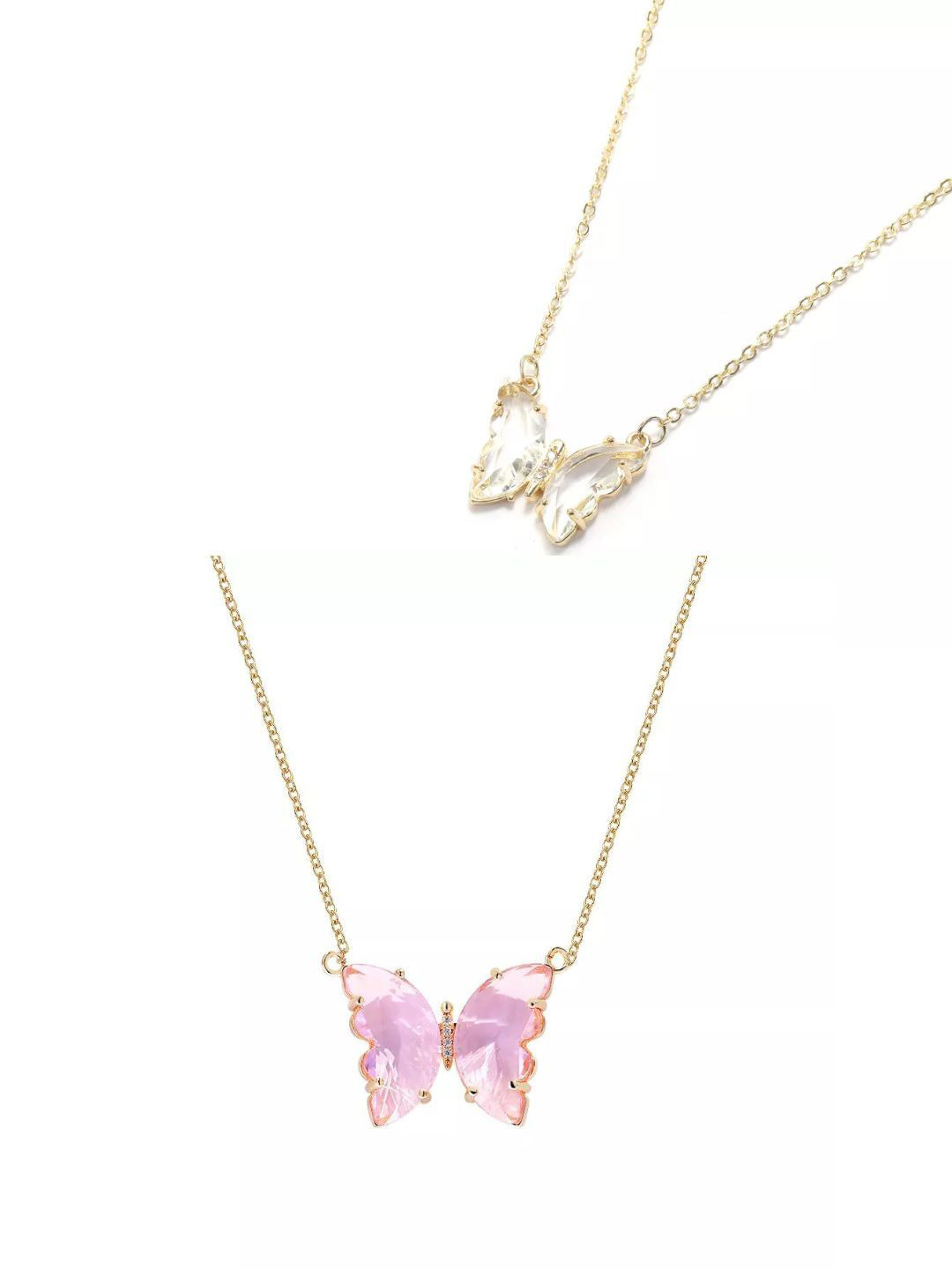 Pinapes Unisex Set of 2 Gold-Plated Butterfly Crystal Minimal Necklaces