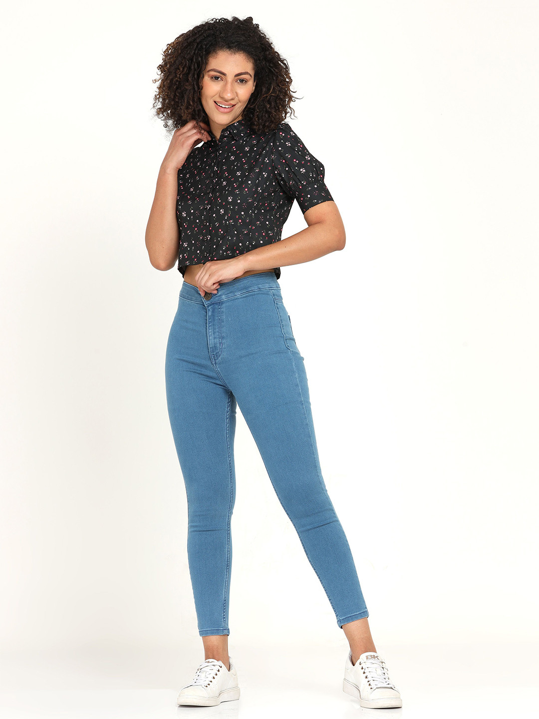 URBAN POCHE Floral Printed Shirt Style Crop Top