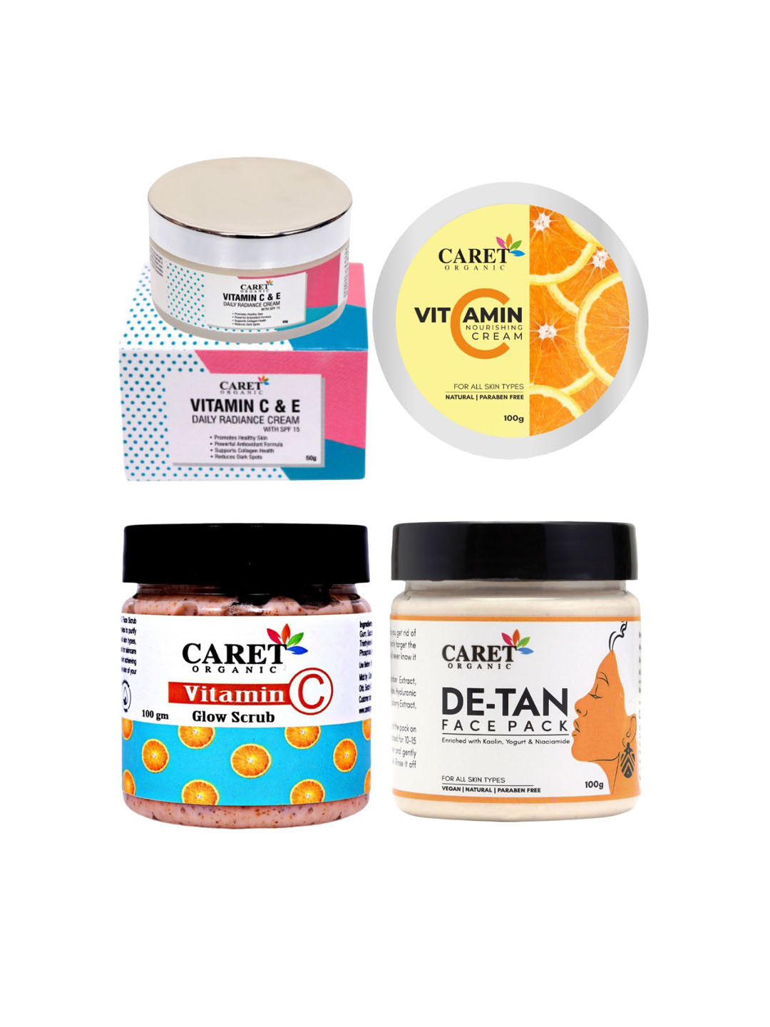 CARET ORGANIC 4Pcs Daily Cream + De-Tan Face Pack + Vitamin C Cream + Vitamin C Scrub