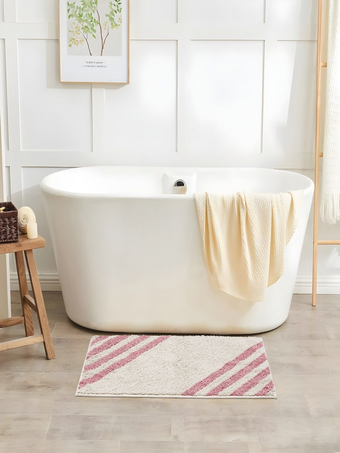 CAZIMO Pink & White Striped Pure Cotton Bath Rug