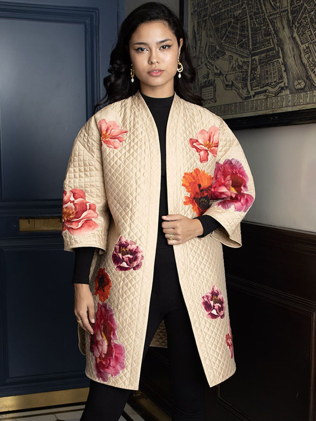 Rhe-Ana Women Stand Collar Floral Printed Casual Quilted Jacket