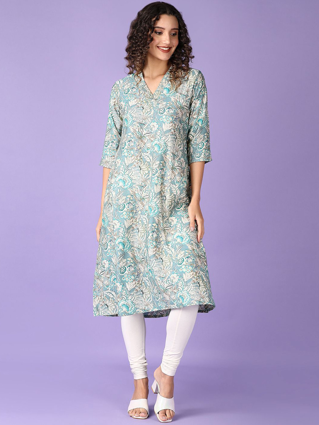 V-Mart Floral Printed Thread Work V-Neck Cotton Straight Kurta