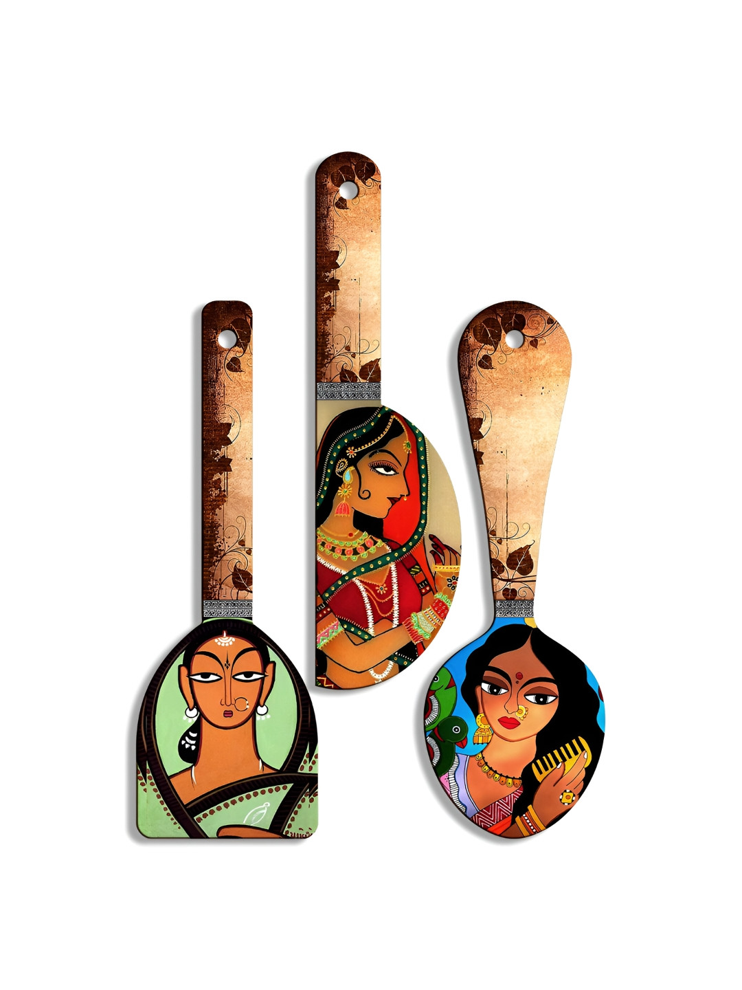 SEHAZ ARTWORKS Madhubani Art Wood Ethnic Motifs Matte Hall 3Pcs Wall Hangings-20.1In