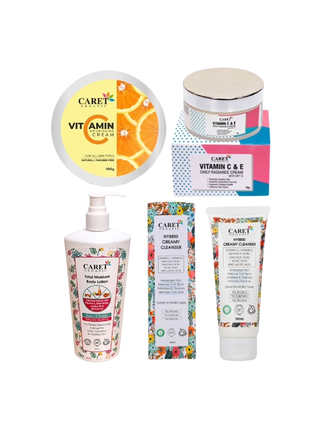 CARET ORGANIC Set of 4 Vitamin C Nourishing Cream, Body Lotion, Hybrid Cleanser & Cream