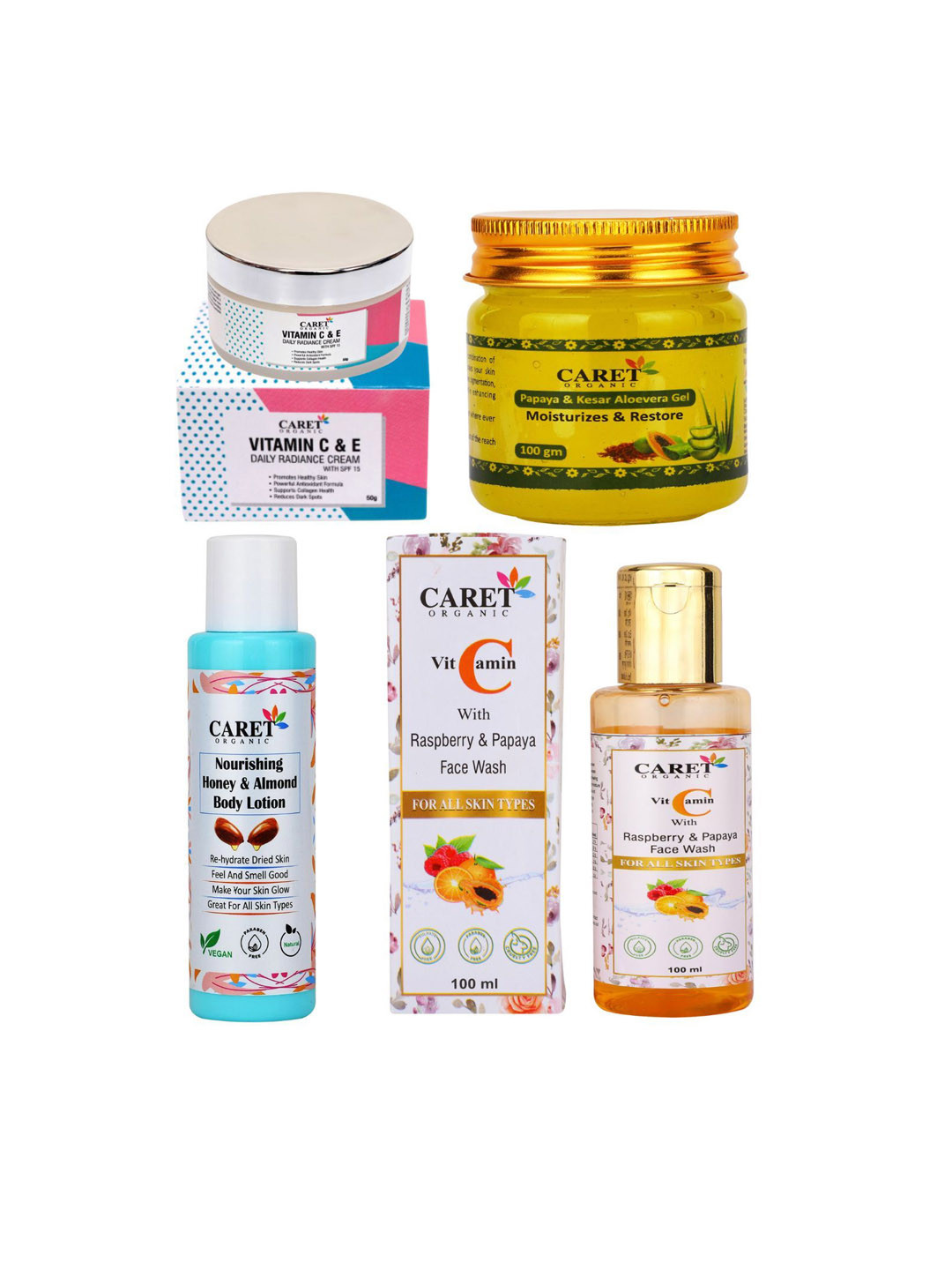 CARET ORGANIC 4Pcs Daily Cream + Aloevera Gel + Body Lotion + Vitamin C Facewash