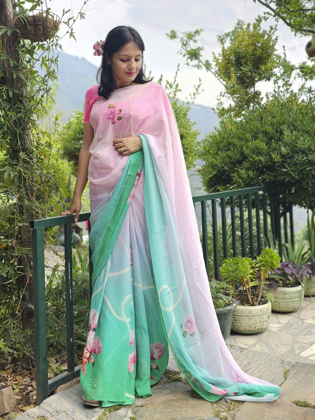 BBG Royals Floral Pure Chiffon Half and Half Saree