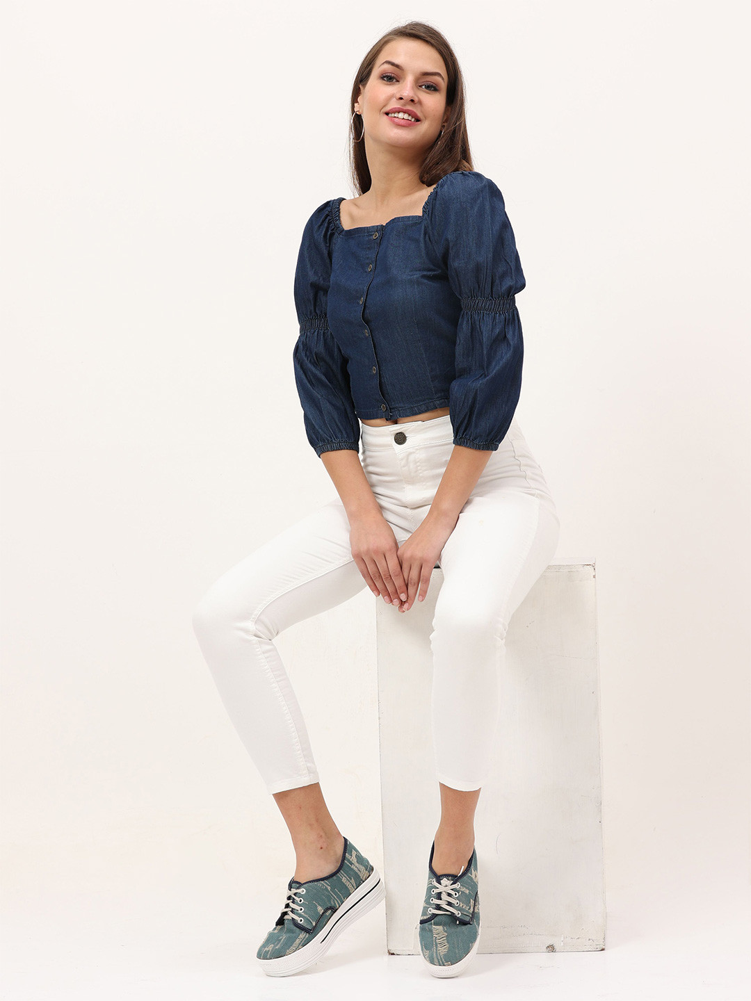 URBAN POCHE Women Cotton Roll-Up Sleeves Cotton Top