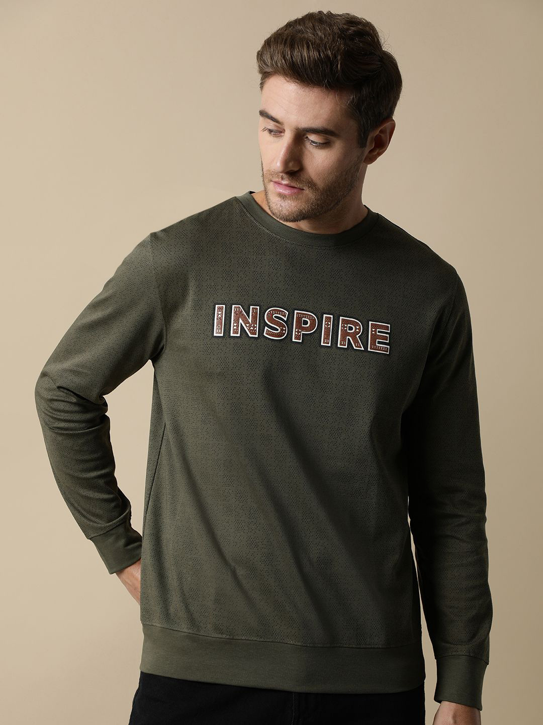 Fort Collins Men's Fleece Olive Round Neck Sweatshirt with Chest Print