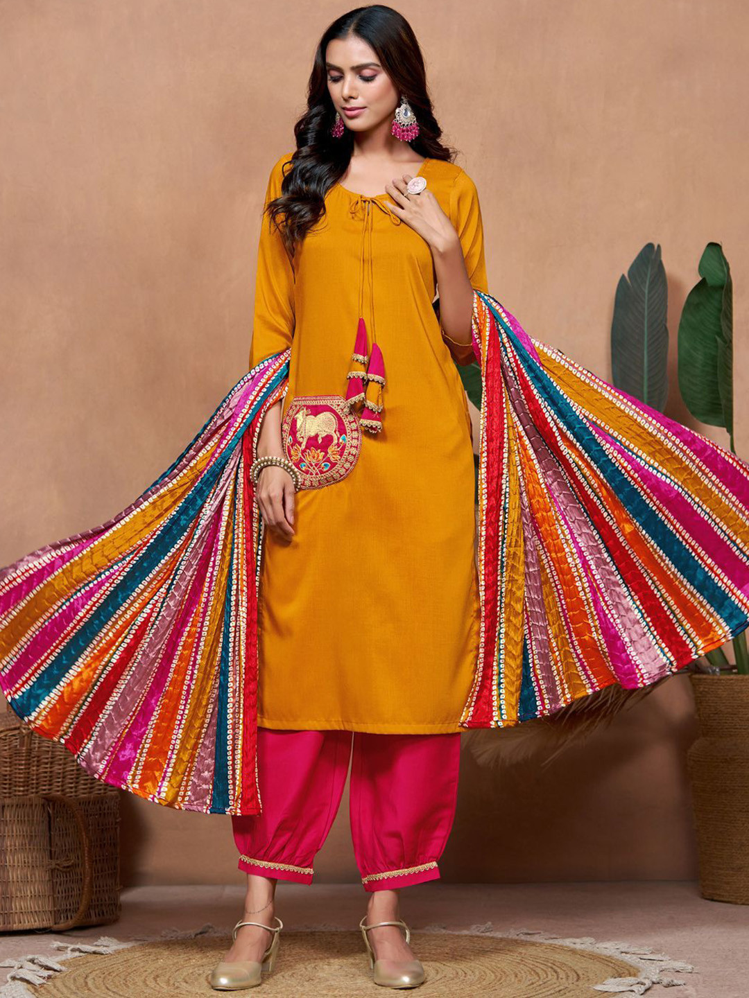 Sangria Mustard Three-Quarter Sleeves Regular Thread Work Kurta With Salwar With Dupatta