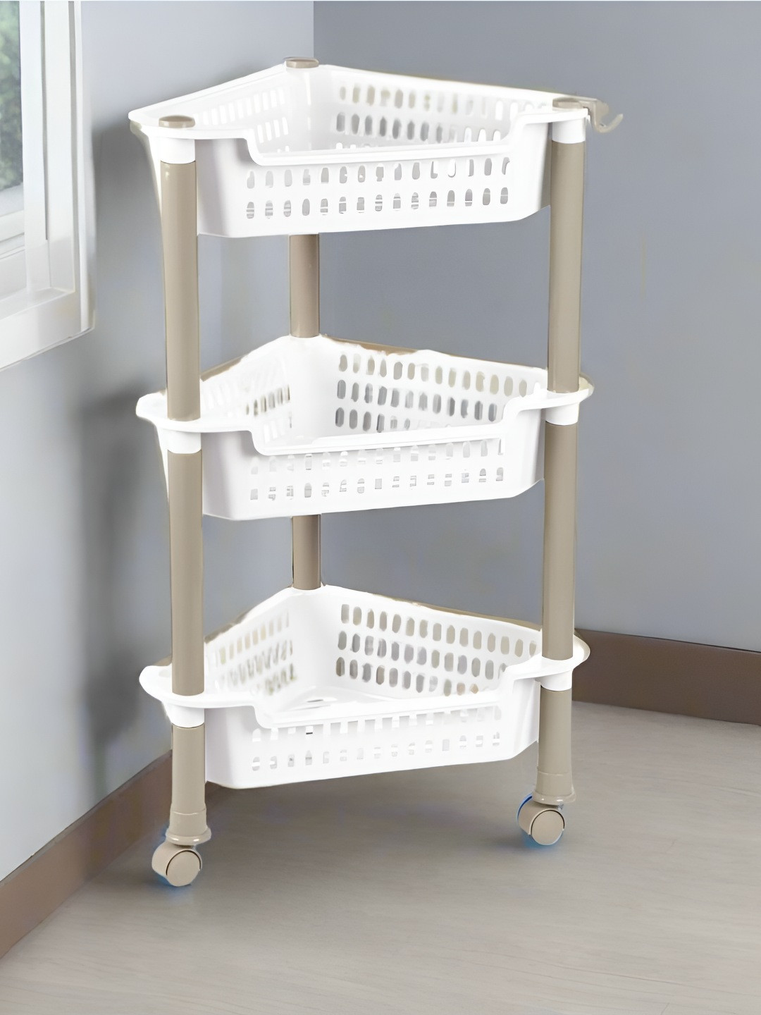 Nayasa White Corner 3 Shelf Trolley Multipurpose Storage Rack