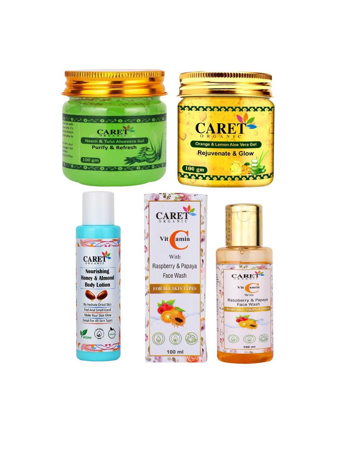 CARET ORGANIC Set of 4 Neem Gel + Lemon Gel + Body Lotion + Vitamin C Face Wash