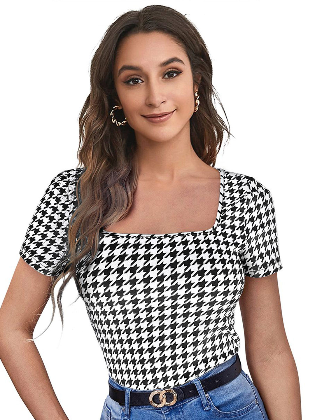 Sitanjali Womens Square neck Regular Fitted Checked Top