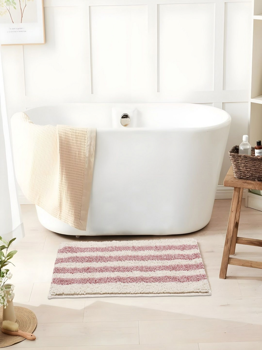 CAZIMO Red & White Striped Pure Cotton Bath Rug