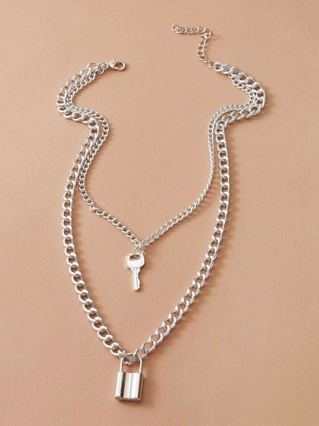 Pinapes Unisex Set of 2 Gold-Plated Layered Religious and Lock Minimal Necklaces